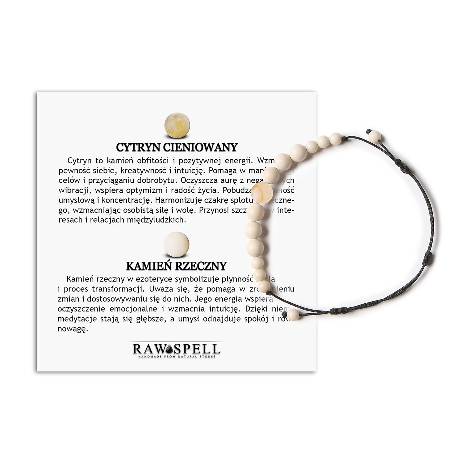 Damska i męska bransoletka na sznurku z kamieniem rzecznym w cieniach cytrynowych z kolekcji Jaue Bransoletka z naturalnych kamieni - cieniowany cytryn i kamień rzeczny, część kolekcji Jaue, dostępna dla kobiet i mężczyzn.