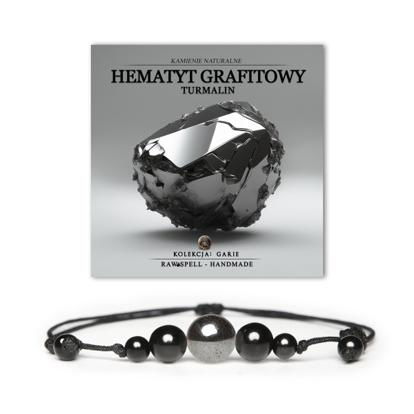 Elegancka bransoletka Garie z kamieniami naturalnymi: hematyt grafitowy i turmalin, idealna dla kobiet i mężczyzn.