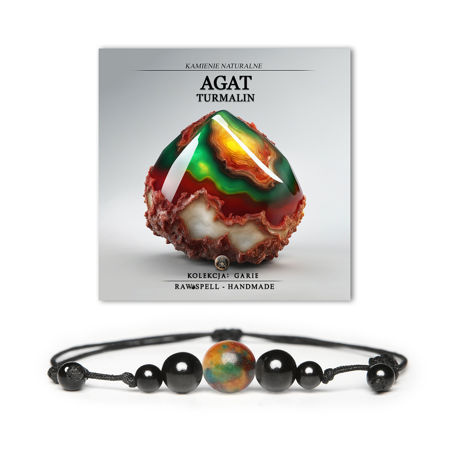 Unikalna bransoletka z kolekcji Garie, ozdobiona naturalnymi kamieniami: agatami i turmalinami, idealna dla kobiet i mężczyzn.