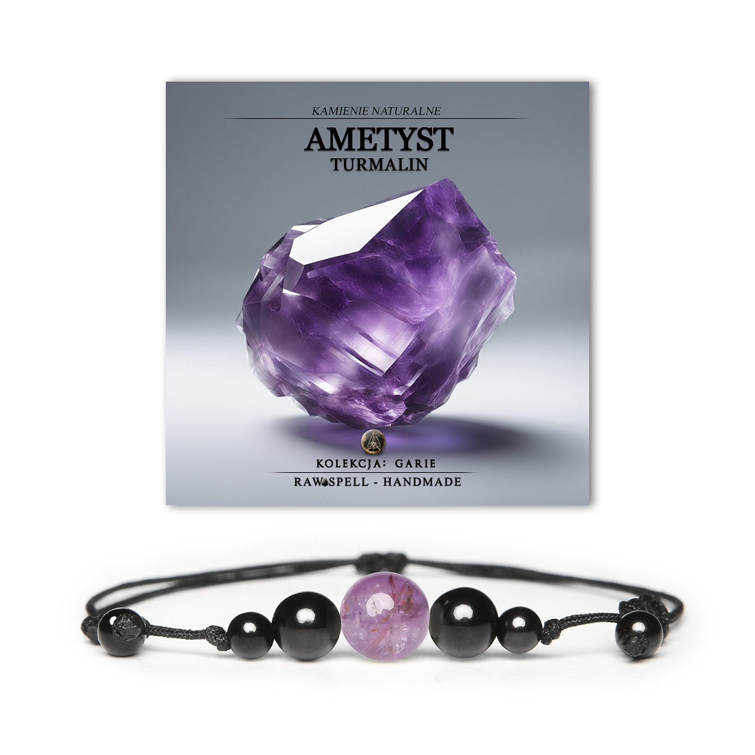 Bransoletka z kolekcji Garie z naturalnymi kamieniami: ametyst i turmalin, dostępna w wersji damskiej i męskiej.