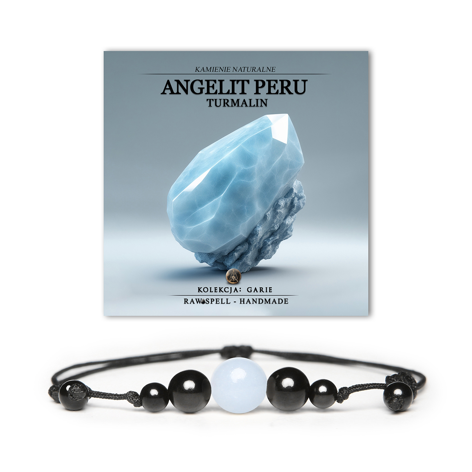 Stylowa bransoletka Garie, wykonana z kamieni naturalnych: angelit z Peru i turmalin, idealna dla kobiet i mężczyzn.