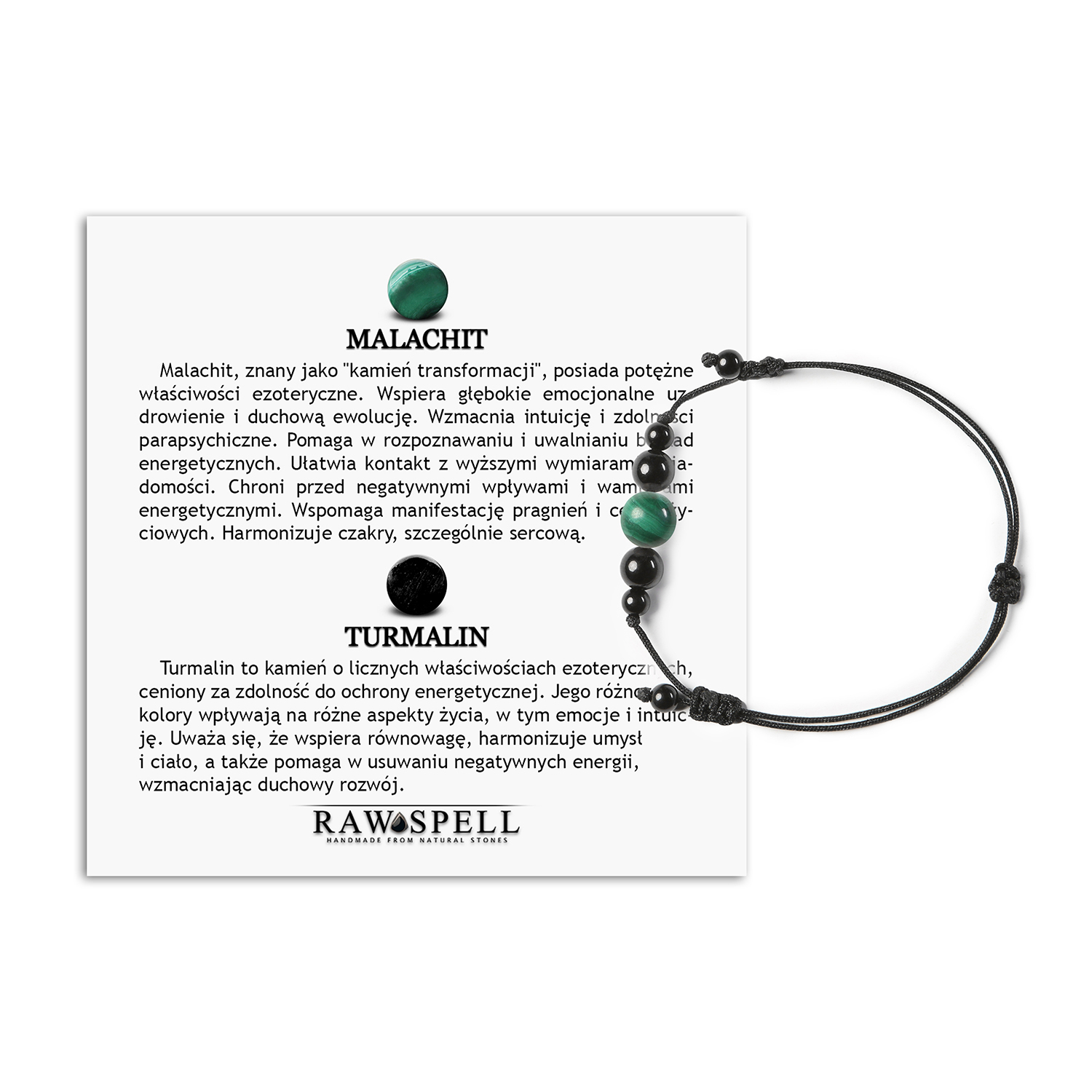 Damska i męska bransoletka na sznurku z kolekcji Garie, wykonana z malachitu i turmalinu Stylowa bransoletka z kolekcji Garie, wykonana z malachitu i turmalinu, dedykowana zarówno damskim, jak i męskim gustom.