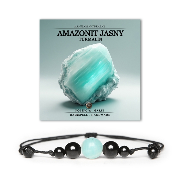 Elegancka bransoletka na sznurku Garie z jasnym amazonitem i turmalinem, dla kobiet i mężczyzn.