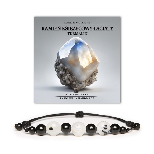 Elegancka bransoletka z kolekcji Haka, wykonana z Łaciatego Kamienia Księżycowego oraz Turmalinu, dostępna w wariantach dla kobiet i mężczyzn.