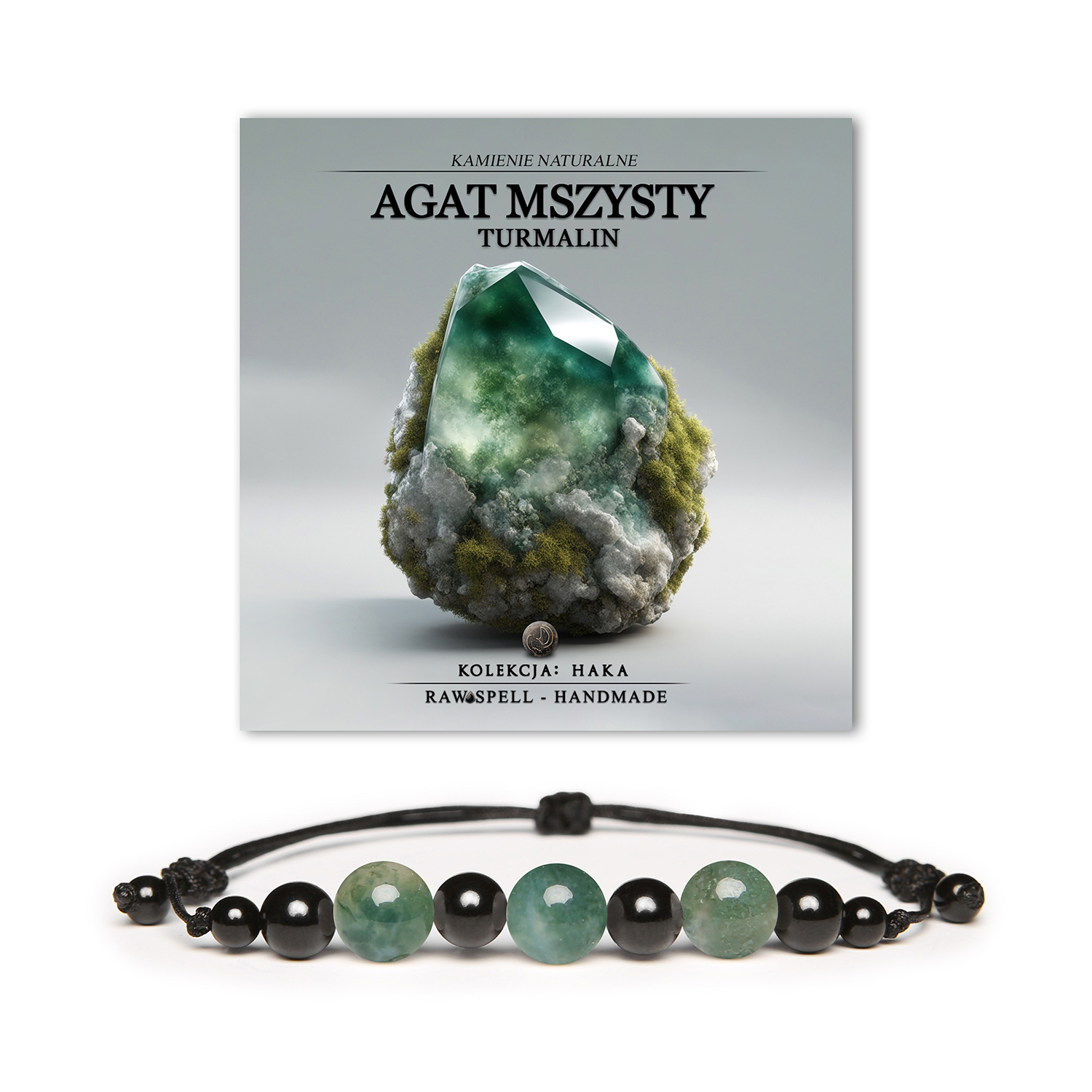 Bransoletka Haka z naturalnymi kamieniami - agat mszysty i turmalin, unisex, doskonała na każdą okazję.