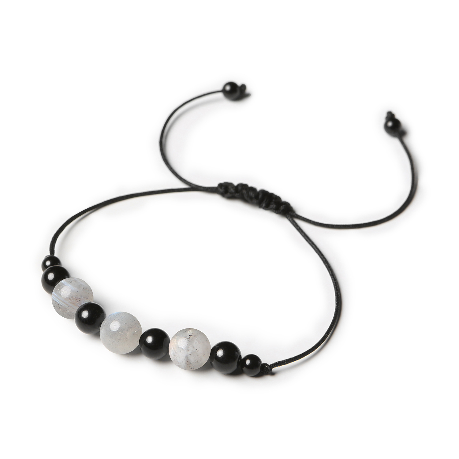 Damska i męska bransoletka na sznurku z kolekcji Haka, ozdobiona labradorytem i turmalinem Stylowa bransoletka Haka z kamieniami labradorytu i turmalinu, dostępna w wersji damskiej i męskiej.