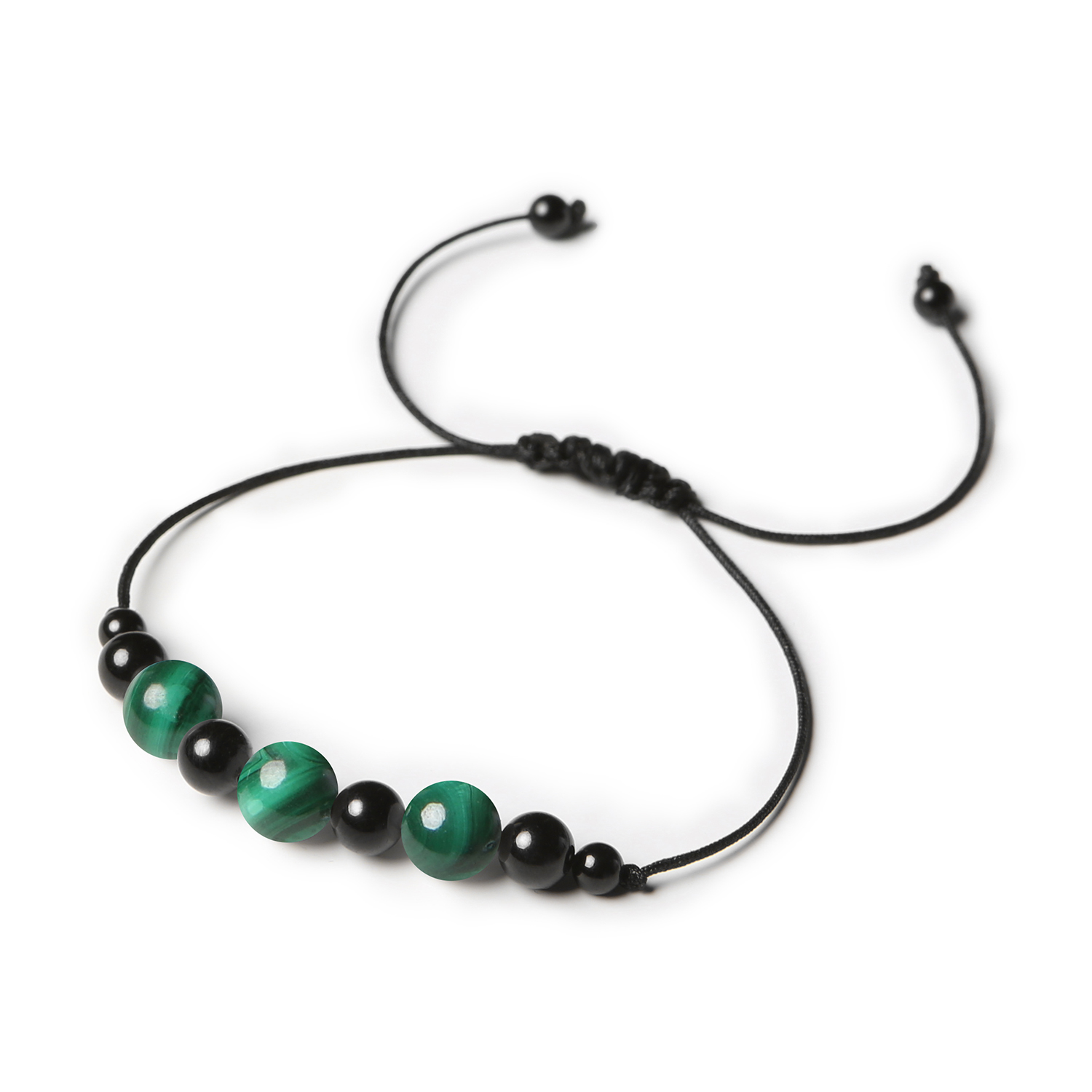 Damska i męska bransoletka na sznurku z kolekcji Haka, ozdobiona malachitem i turmalinem Bransoletka Haka z malachitu i turmalinu - elegancki dodatek dla niej i dla niego.