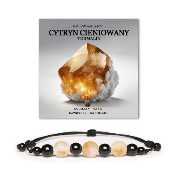 Bransoletka z kolekcji Haka, wykonana z naturalnych kamieni – cytryn cieniowany oraz turmalin, dla kobiet i mężczyzn.