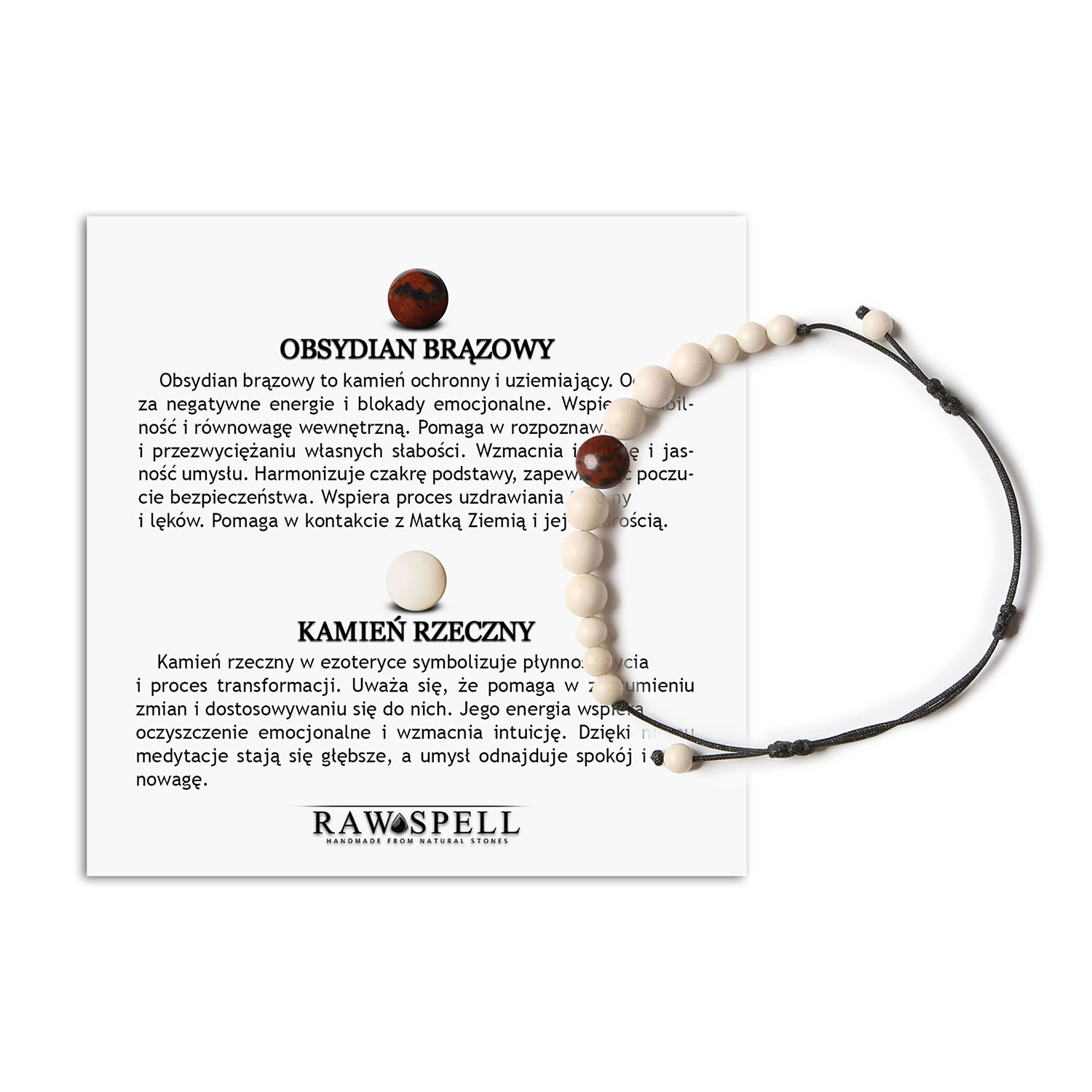 Damska i męska bransoletka na sznurku z kolekcji Jaue, obsydian brązowy z kamieniem rzecznym Uniwersalna bransoletka Jaue wykonana z brązowego obsydianu i kamienia rzecznego, przeznaczona zarówno dla kobiet, jak i mężczyzn.