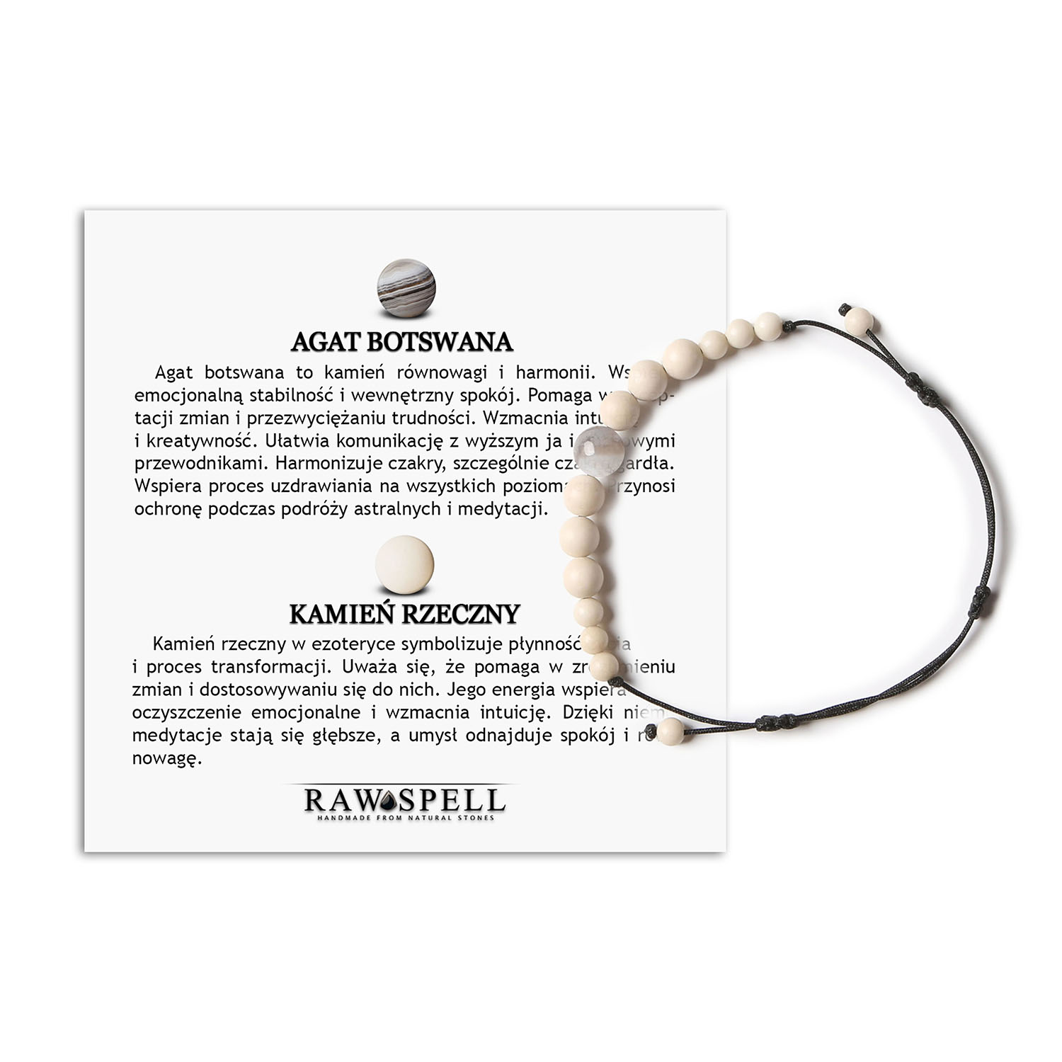 Damska i męska bransoletka na sznurku z kolekcji Jaue, ozdobiona Agatem Botswana oraz Kamieniem Rzecznym Elegancka bransoletka z kolekcji Jaue z kamieniami naturalnymi: agat botswański i kamień rzeczny, idealna dla obu płci.