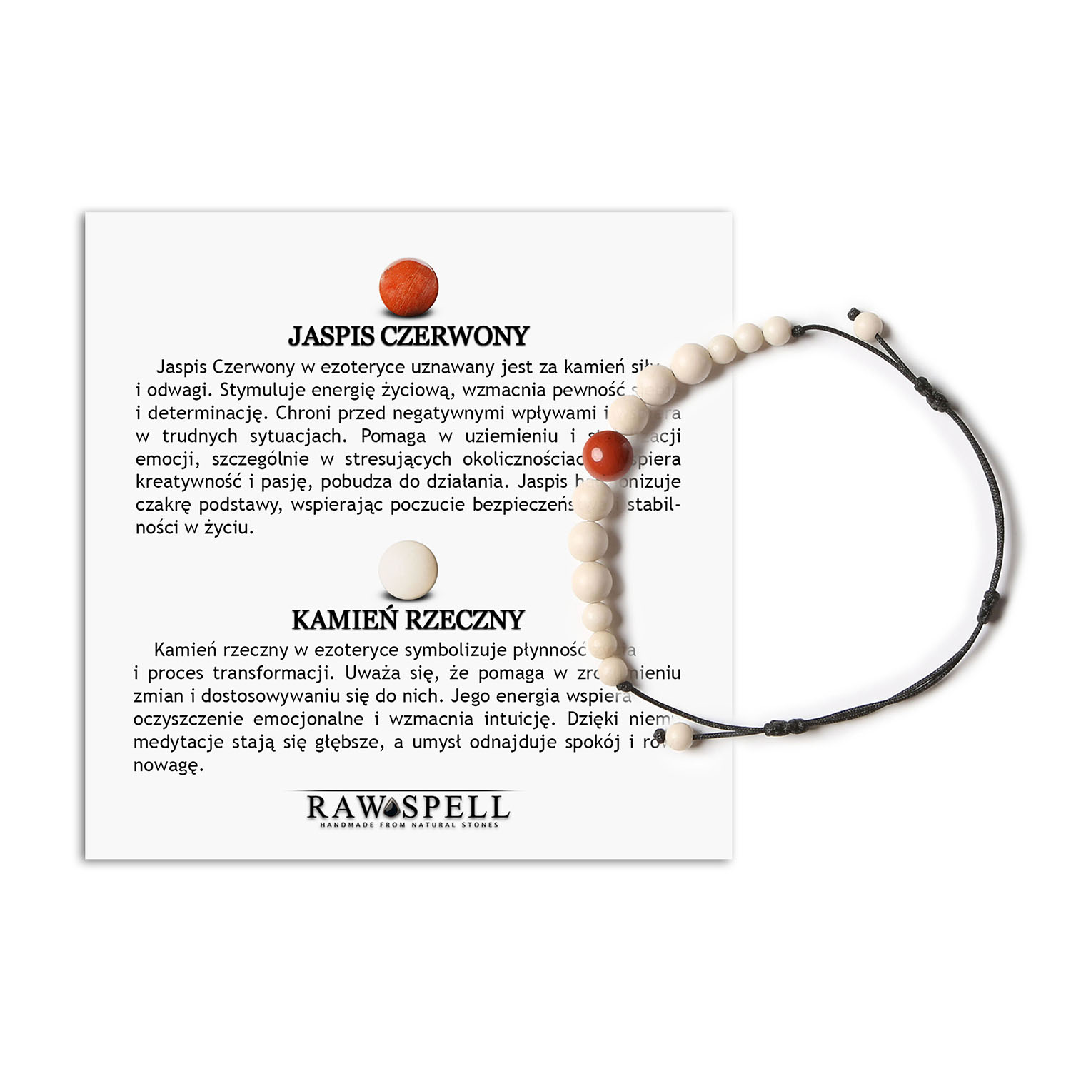 Damska i męska bransoletka na sznurku z kolekcji Jaue, ozdobiona Jaspisem Czerwonym i Kamieniem Rzecznym Stylowa bransoletka Jaue wykonana z czerwonego jaspisu i kamienia rzecznego, unisex.