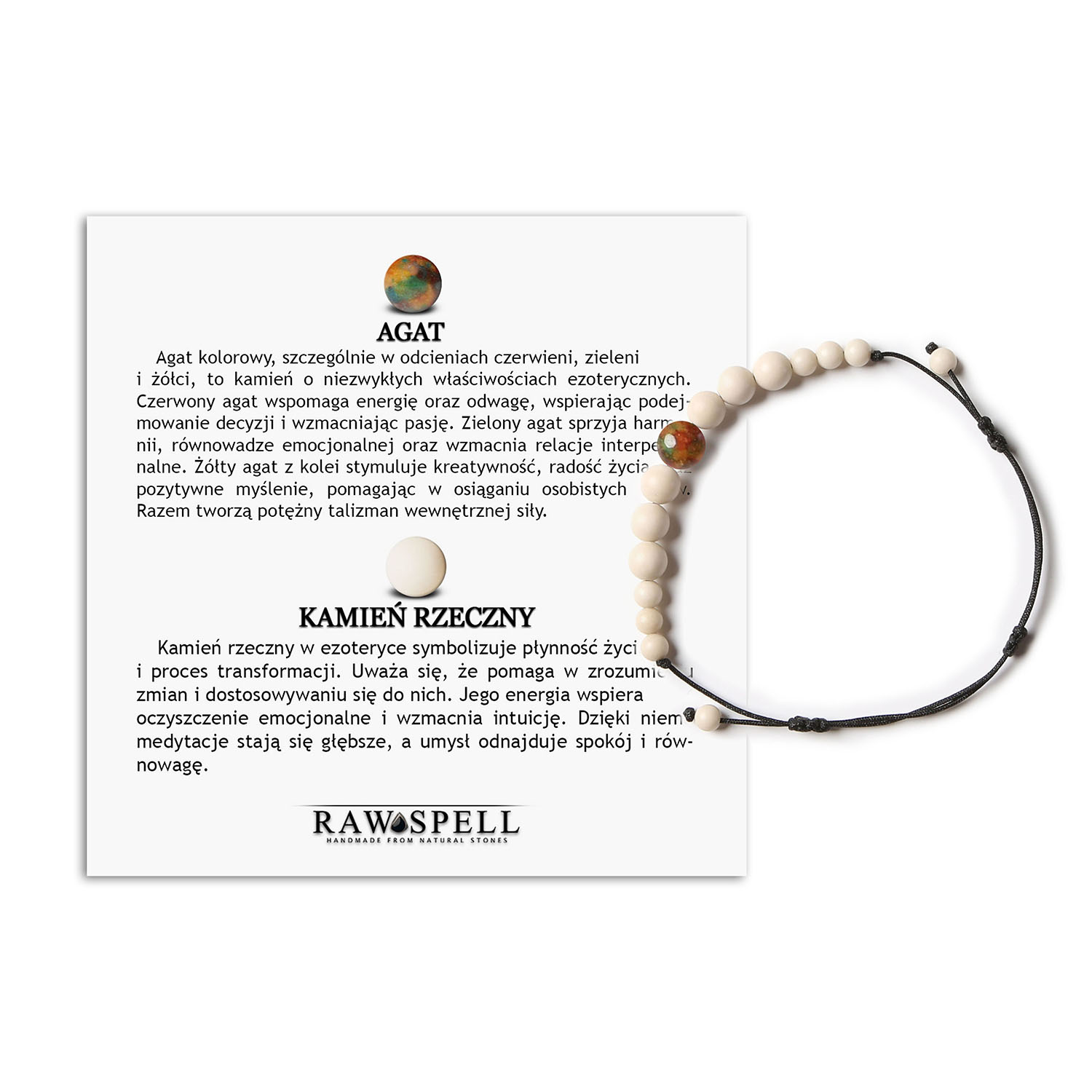 Damska i męska bransoletka na sznurku z kolekcji Jaue, ozdobiona agatem i kamieniem rzecznym Stylowa bransoletka damska i męska z kamieniami naturalnymi - agat i kamień rzeczny z kolekcji Jaue.