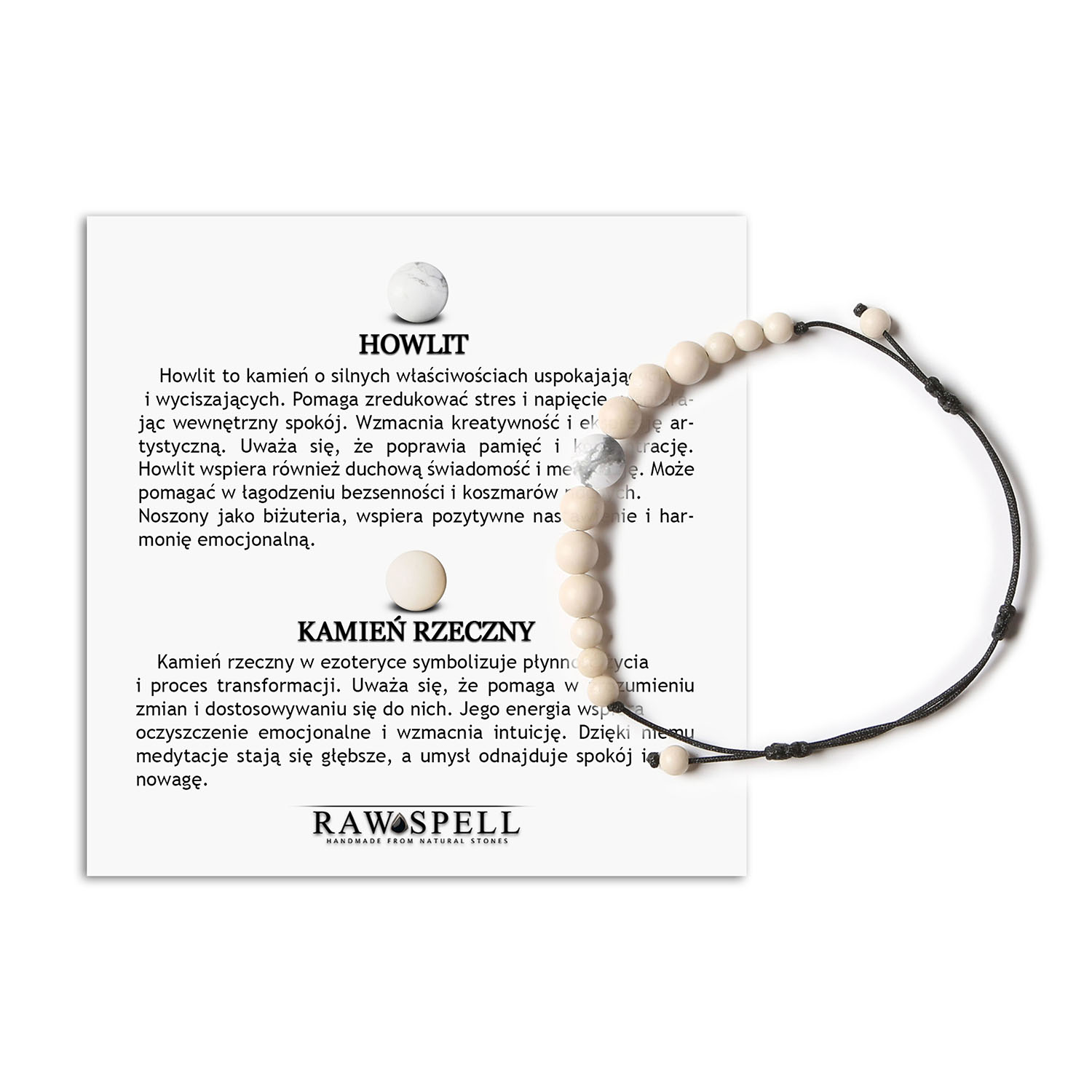 Damska i męska bransoletka na sznurku z kolekcji Jaue, ozdobiona howlitem oraz kamieniem rzecznym Bransoletka z naturalnych kamieni: howlit i kamień rzeczny z kolekcji Jaue, unisex, pasująca zarówno dla kobiet, jak i mężczyzn.