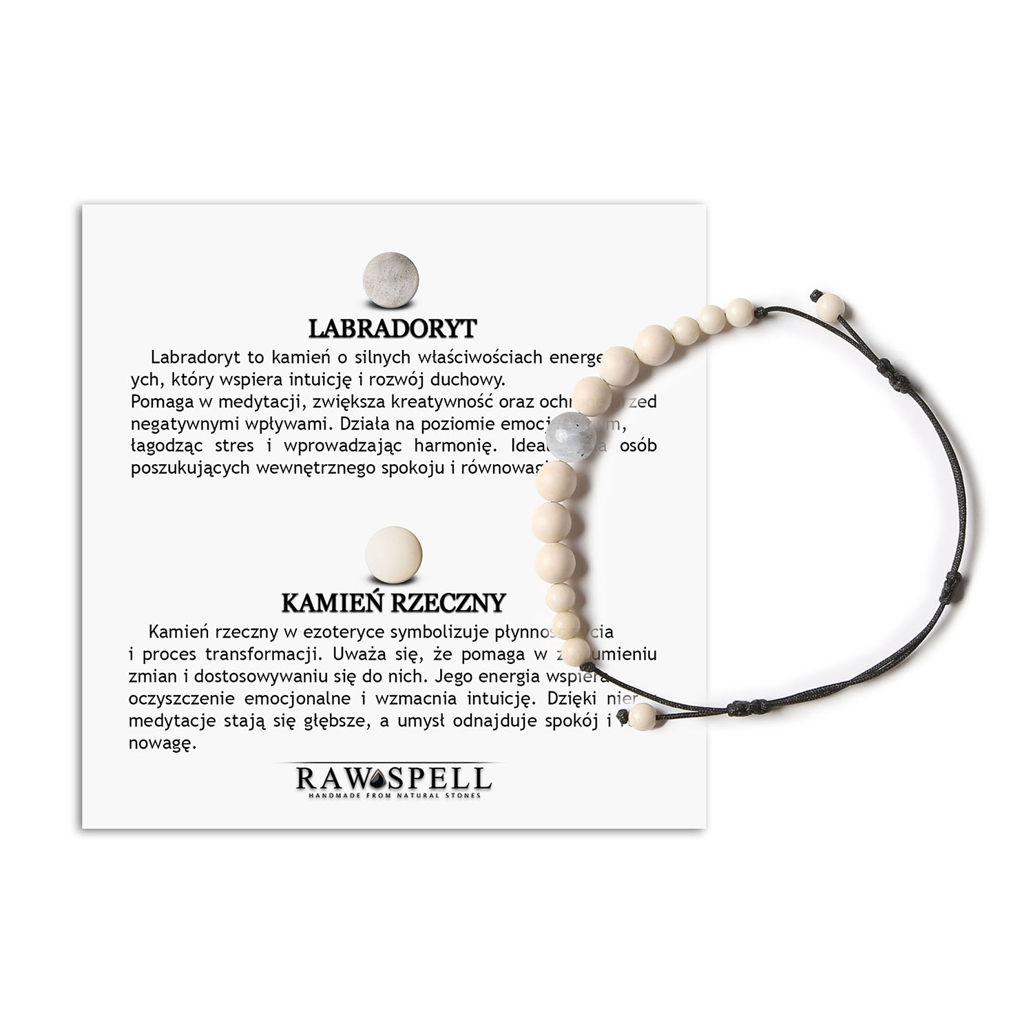 Damska i męska bransoletka na sznurku z kolekcji Jaue, ozdobiona labradorytem i kamieniem rzecznym Damska i męska bransoletka z kolekcji Jaue, wykonana z labradorytu i kamienia rzecznego.