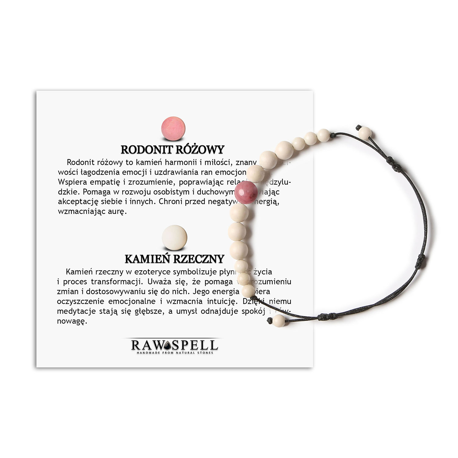 Damska i męska bransoletka na sznurku z kolekcji Jaue, ozdobiona różowym rodonitem i kamieniem rzecznym Bransoletka Jaue z kamieni naturalnych: różowy rodonit i kamień rzeczny, unisex, doskonała na każdą okazję.