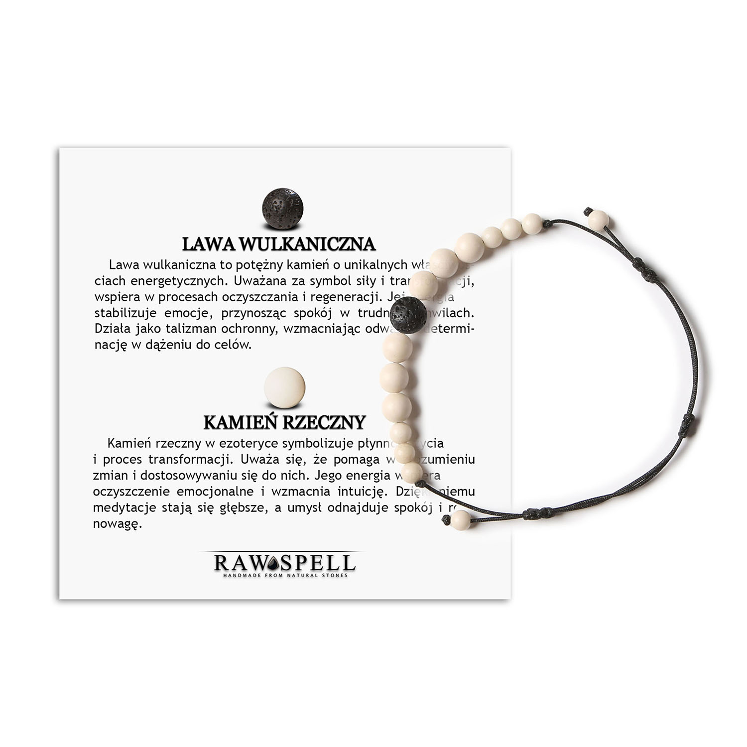 Damska i męska bransoletka na sznurku z kolekcji Jaue, z lawy wulkanicznej oraz kamienia rzecznego Stylowa bransoletka z kolekcji Jaue z naturalnymi kamieniami: lawa wulkaniczna i kamień rzeczny, dostępna w wersji męskiej i damskiej.