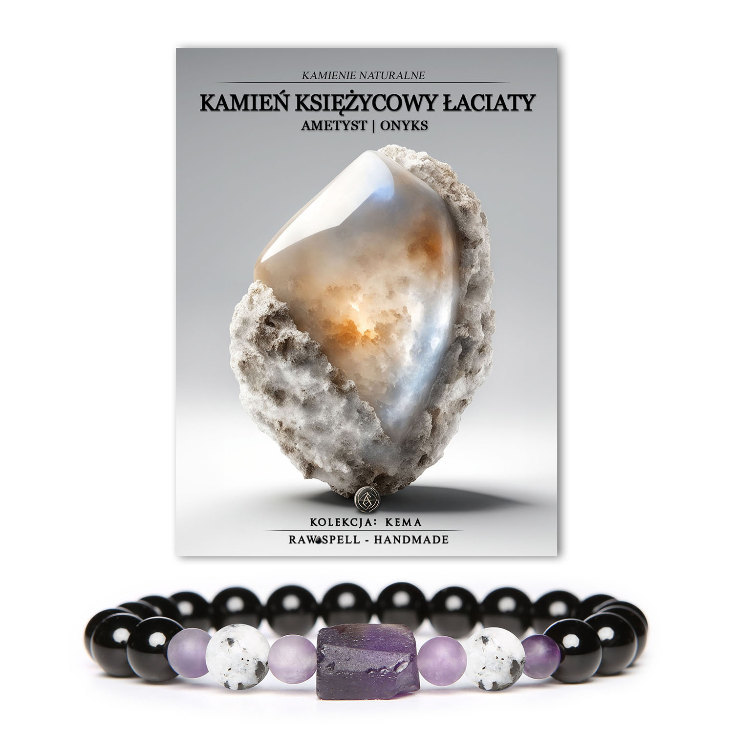 Damska i męska bransoletka z kolekcji Kema, wykonana z kamienia księżycowego łaciatego, ametystu oraz onyksu, idealna na każdą okazję.