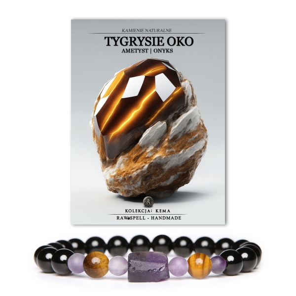 Stylowa bransoletka Kema z naturalnych kamieni: Tygrysie Oko, Ametyst oraz Onyks, unisex – dla niej i dla niego.
