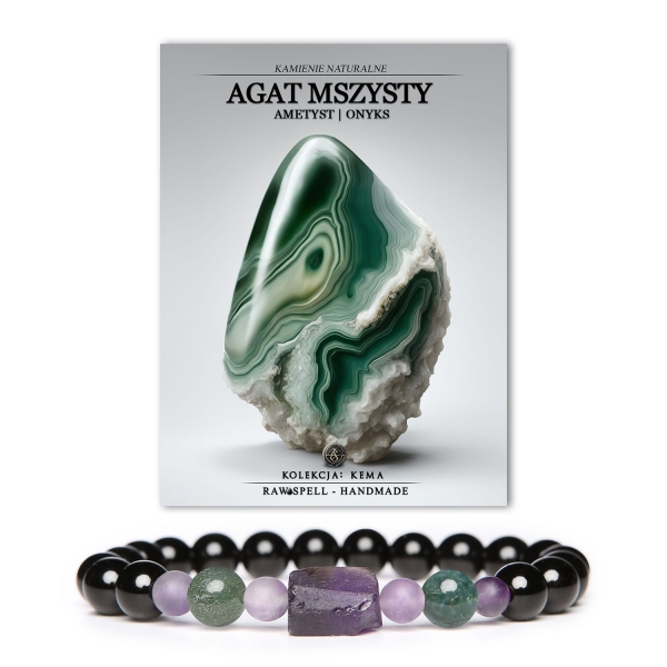 Bransoletka z kolekcji Kema wykonana z naturalnych kamieni, w tym agatu mszystego, ametystu i onyksu, odpowiednia dla obu płci.