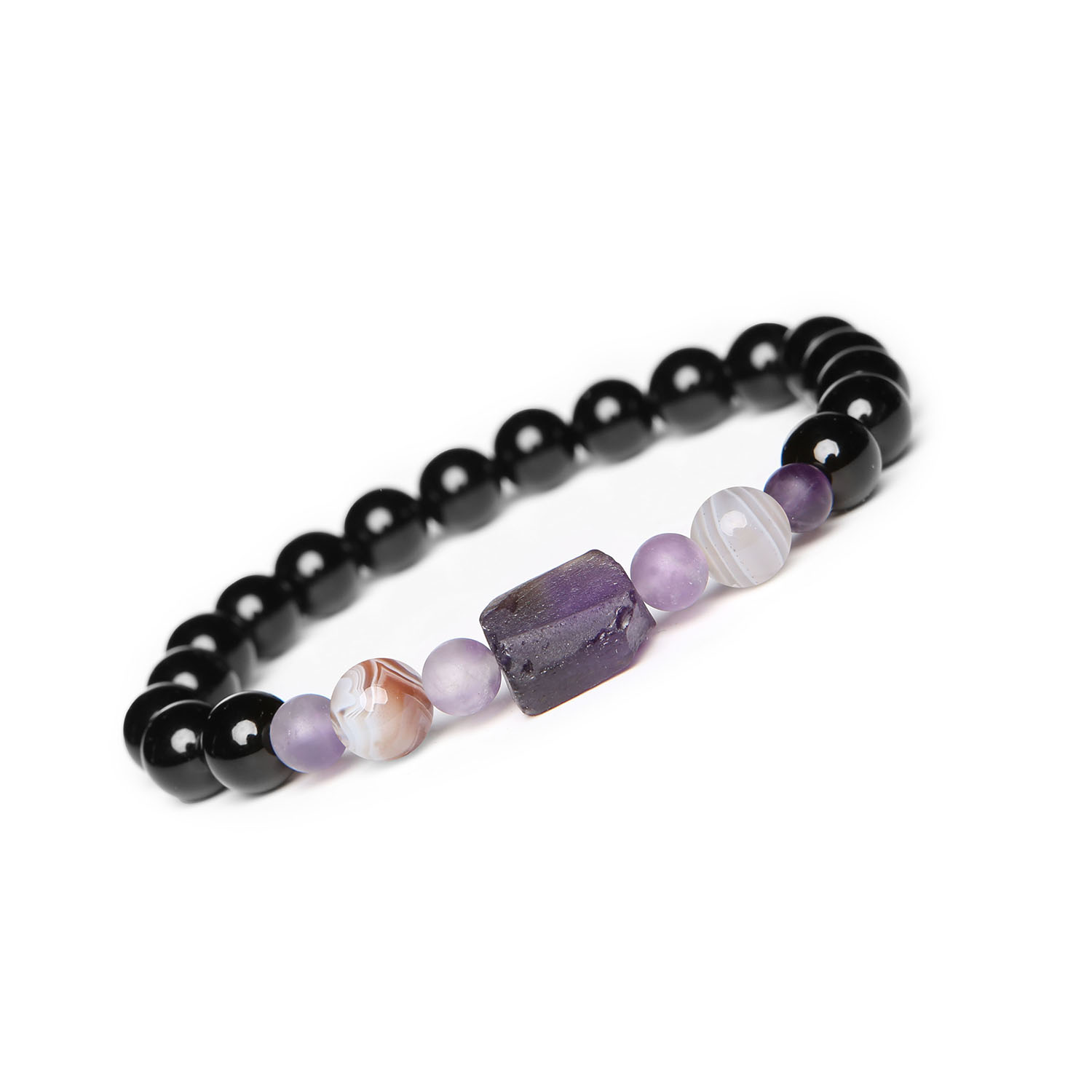 Damska i męska bransoletka na sznurku z kolekcji Kema, z Agatem Botswaną, Ametystem oraz Onyksami Bransoletka Kema z naturalnymi kamieniami: Agat Botswana, Ametyst i Onyks - stylowy dodatek dla kobiet i mężczyzn.