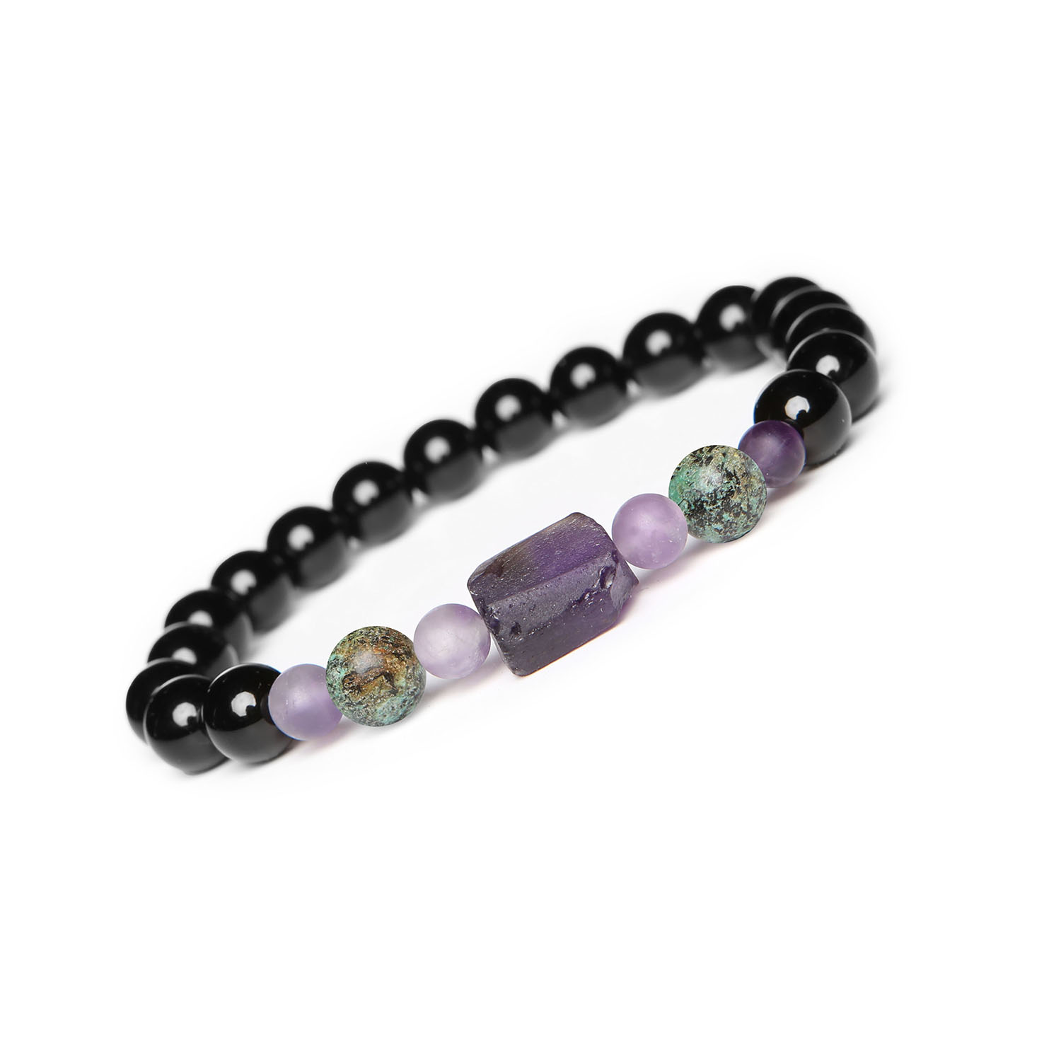 Damska i męska bransoletka na sznurku z kolekcji Kema, zdobiona turkusem afrykańskim, ametystem i onyksem Elegancka bransoletka z kamieniami naturalnymi z kolekcji Kema, w skład której wchodzą turkus afrykański, ametyst i onyks, odpowiadając na gusta zarówno kobiet, jak i mężczyzn.