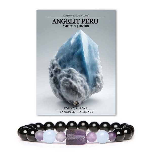 Stylowa bransoletka Kema, wykonana z naturalnych kamieni: Angelit z Peru, ametyst oraz onyks, idealna dla kobiet i mężczyzn.