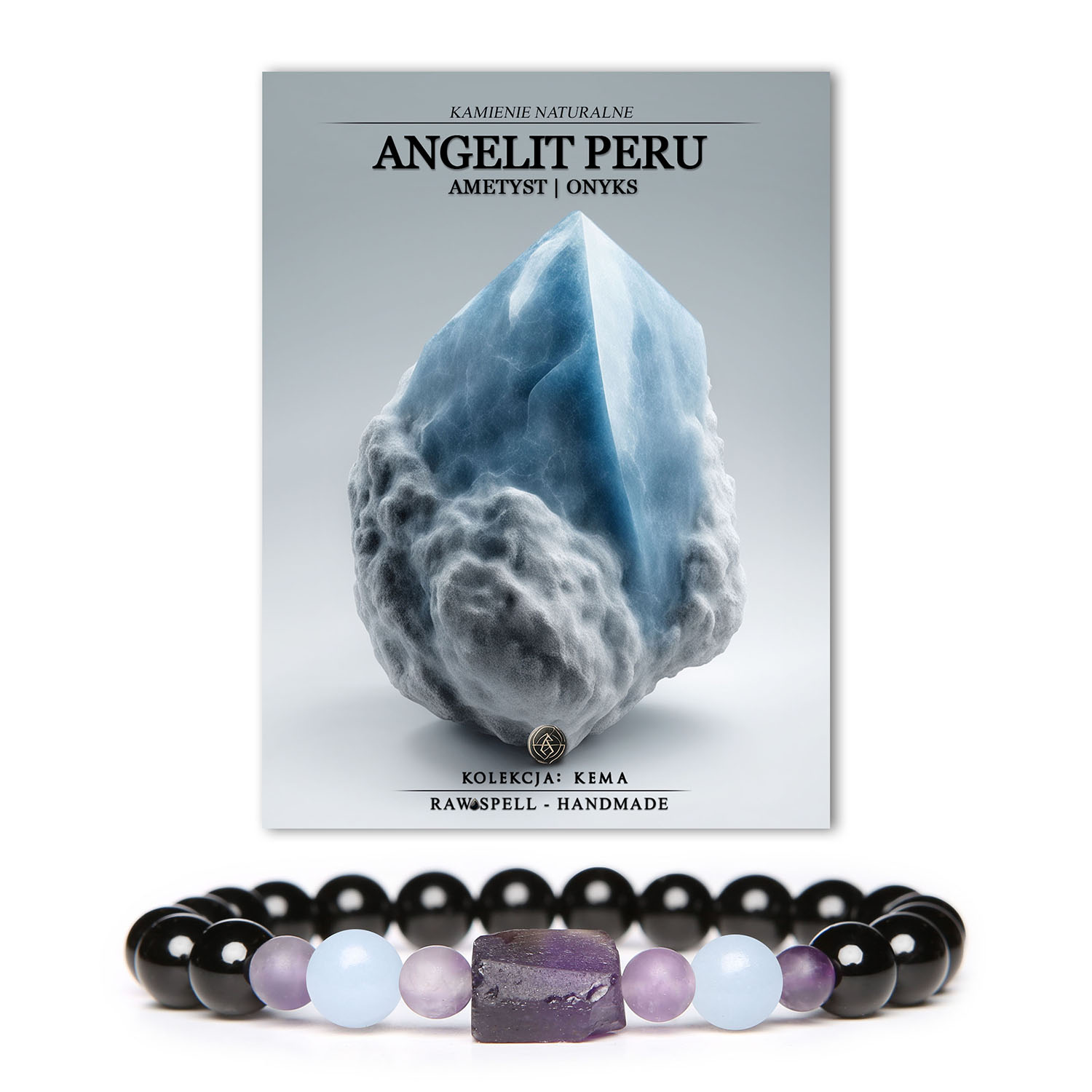 Stylowa bransoletka Kema, wykonana z naturalnych kamieni: Angelit z Peru, ametyst oraz onyks, idealna dla kobiet i mężczyzn.