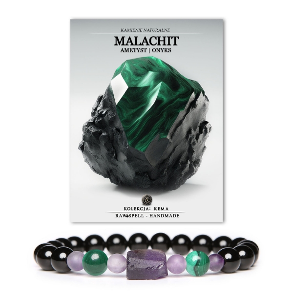 Elegancka bransoletka z kolekcji Kema wykonana z malachitu, ametystu i onyksu - idealna dla obu płci.