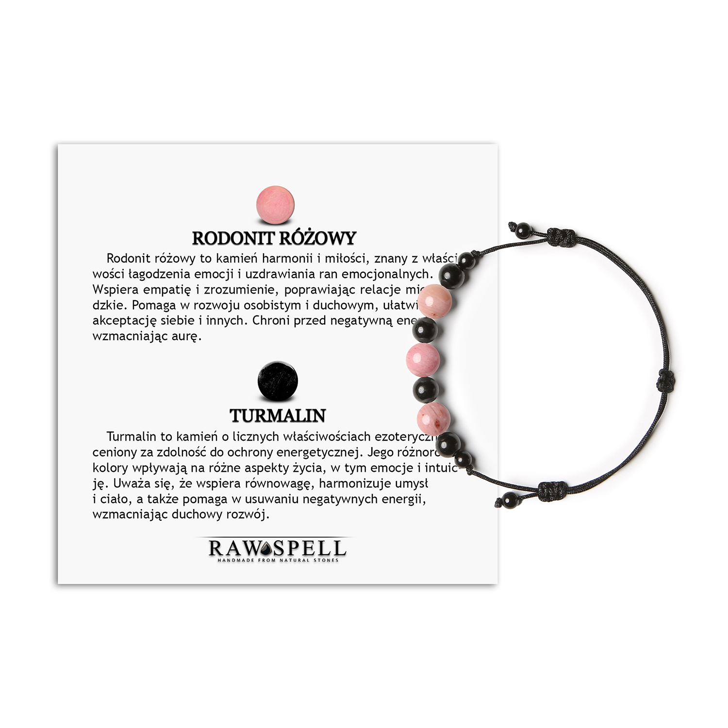 Damska i męska bransoletka na sznurku z rodonitem różowym i turmalinem w kolekcji Haka Stylowa bransoletka Haka z rodonitem różowym i turmalinem, idealna dla kobiet i mężczyzn, wykonana z kamieni naturalnych.