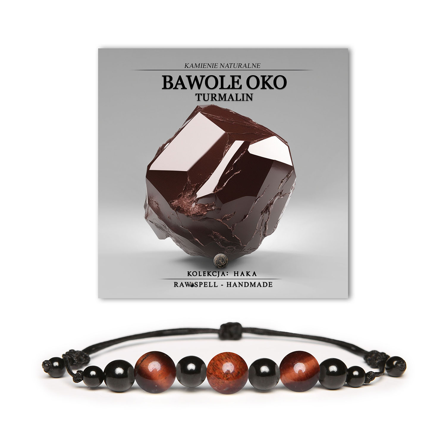 Stylowa bransoletka Haka z naturalnymi kamieniami Bawole Oko i Turmalin - unisex, idealna na każdą okazję.