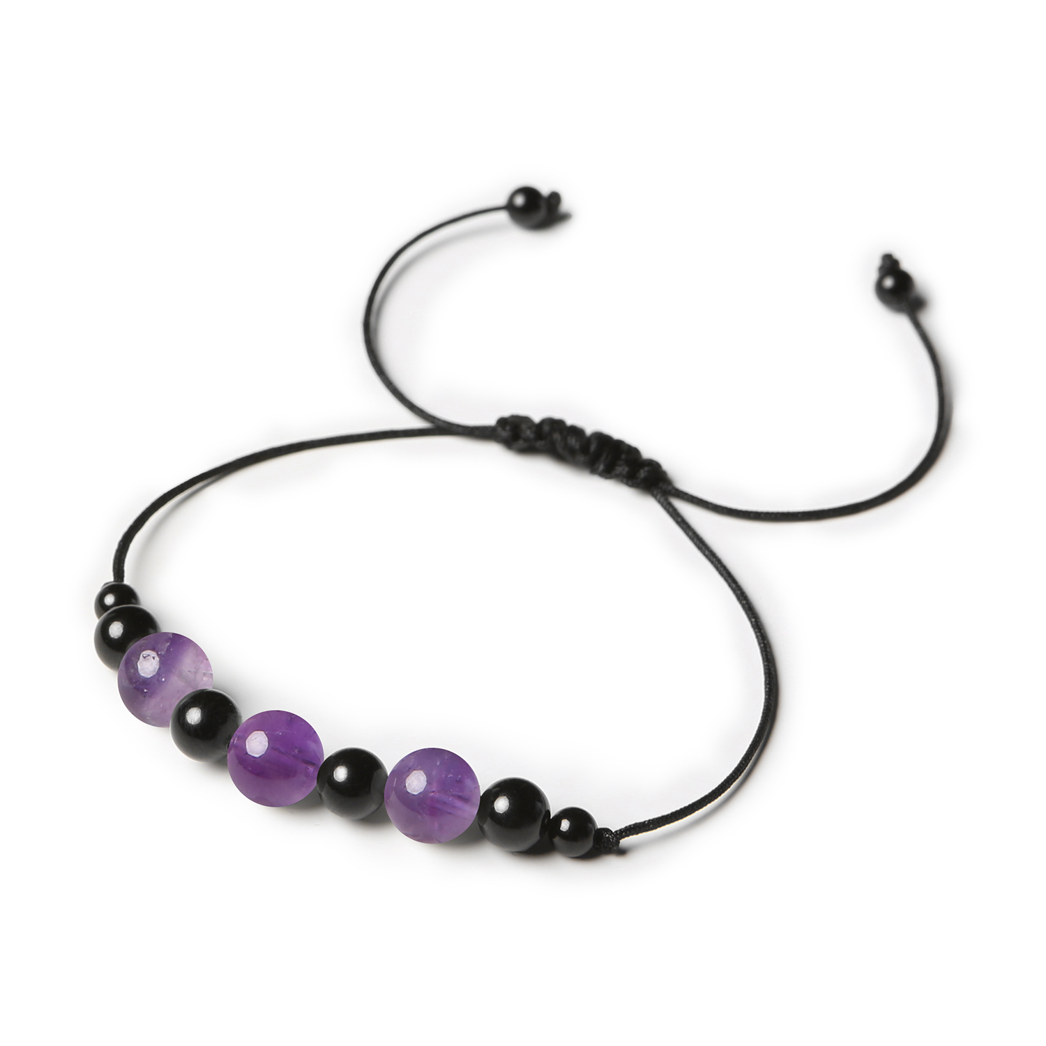 Damsko-męska bransoletka na sznurku z kolekcji Haka, z ametystem i turmalinem Bransoletka z kolekcji Haka wykonana z naturalnych kamieni: ametyst i turmalin, idealna dla kobiet i mężczyzn.
