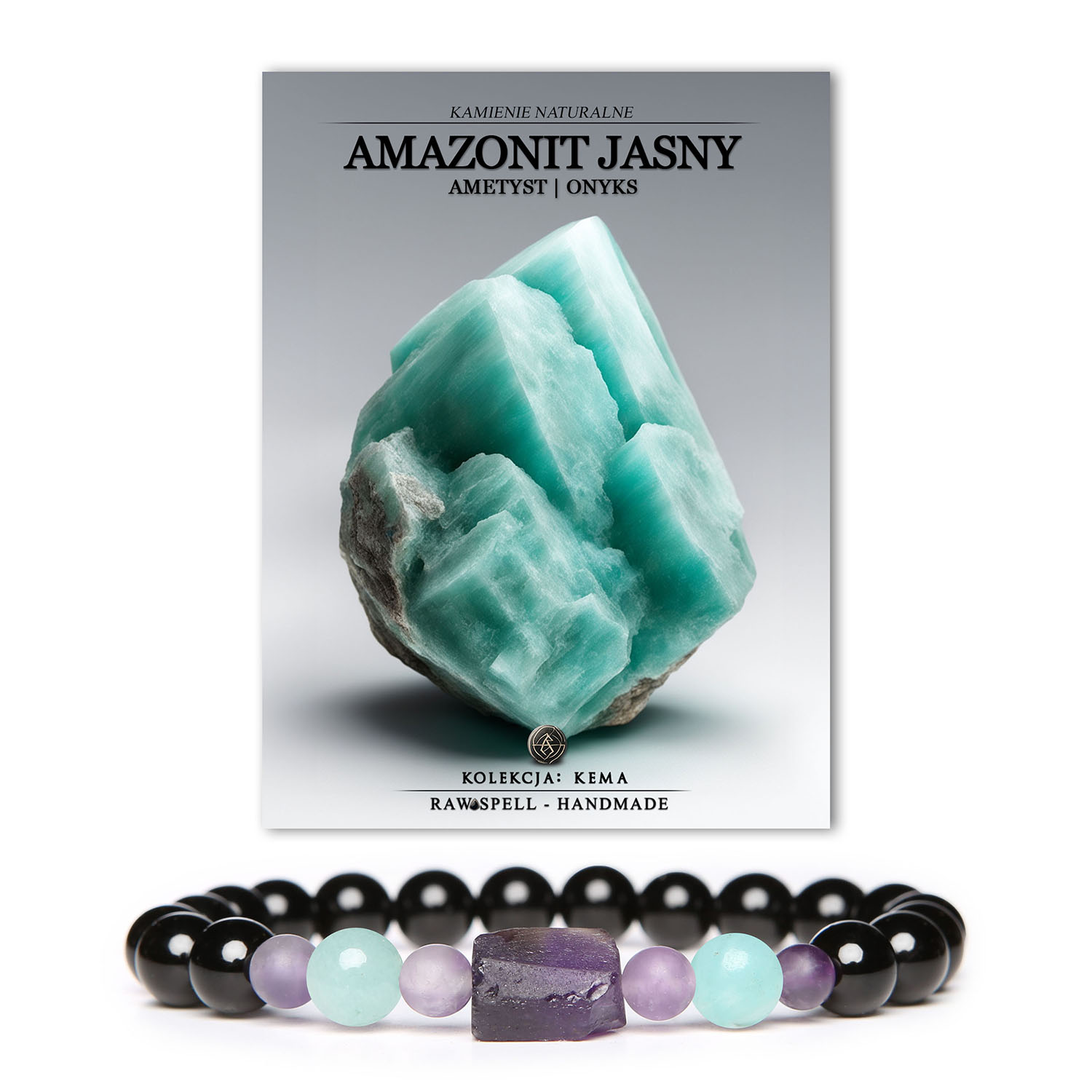 Elegancka bransoletka z kolekcji Kema, zawierająca kamienie naturalne: jasny amazonit, ametyst i onyks, odpowiednia dla każdego.