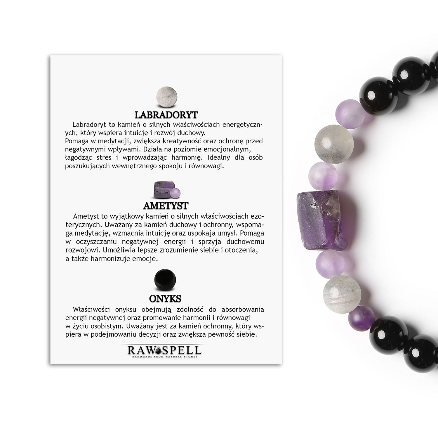 Elegancka bransoletka Kema na sznurku z labradorytem, ametystem i onyksem - unisex Elegancka bransoletka Kema wykonana z labradorytu, ametystu i onyksu - unisex, doskonała na każdą okazję.