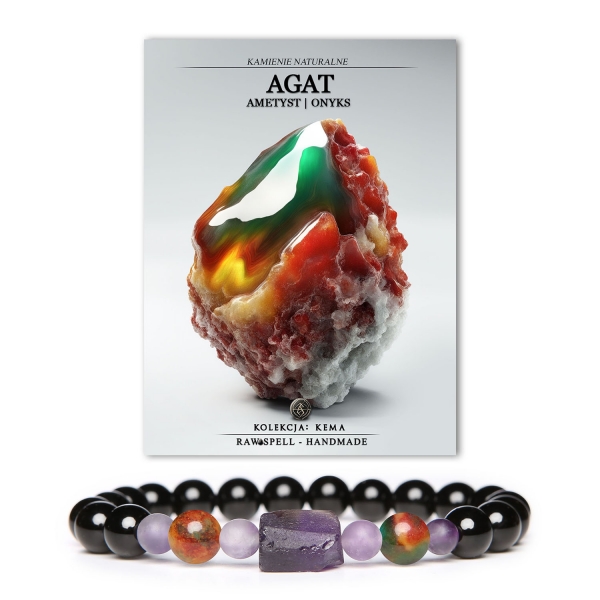 Stylowa bransoletka Kema z naturalnych kamieni: agat, ametyst i onyks, idealna dla kobiet i mężczyzn.
