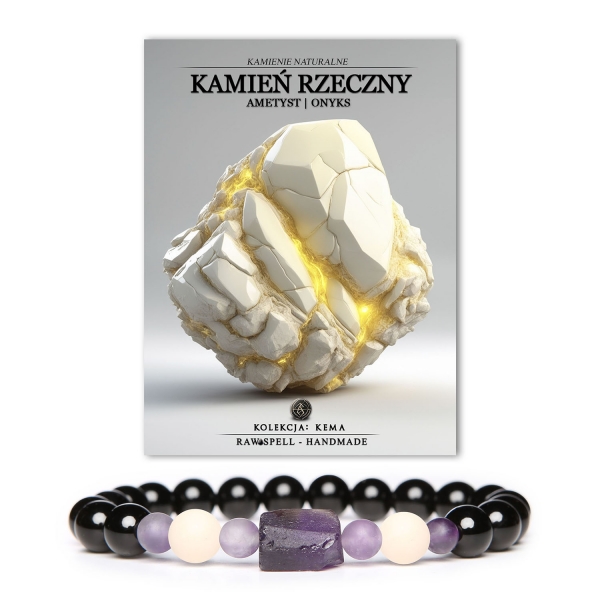 Stylowa bransoletka Kema, ozdobiona naturalnymi kamieniami - Kamieniem Rzecznym, Ametystem i Onyksem. Uniwersalny model dla kobiet i mężczyzn.