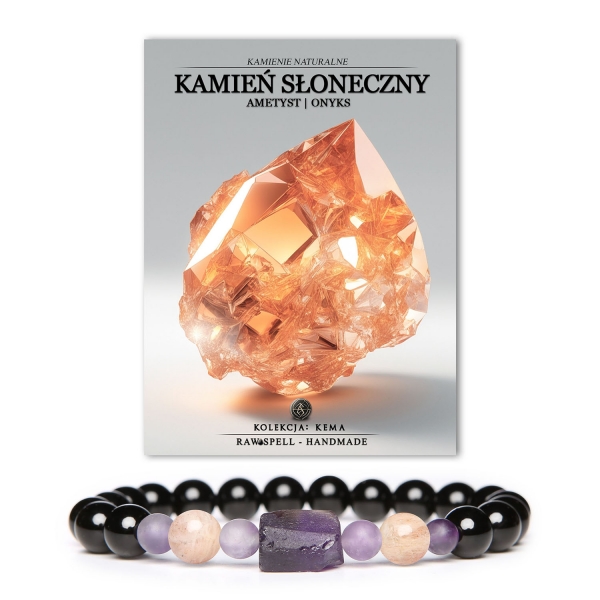 Bransoletka Kema z naturalnymi kamieniami: Kamień Słoneczny, Ametyst i Onyks, dostępna w wersji damskiej i męskiej.