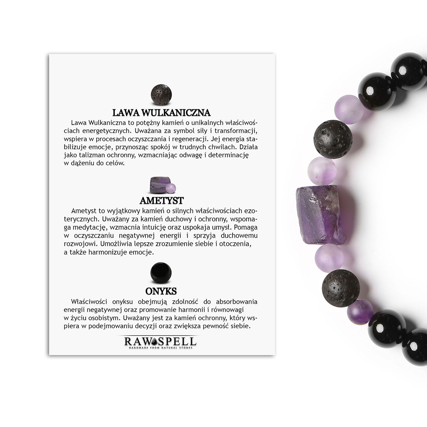 Elegancka bransoletka Kema z lawy wulkanicznej, ametystu i onyksu, dostępna w wersji damskiej i męskiej Elegancka bransoletka z kolekcji Kema, wzbogacona kamieniami naturalnymi: lawa wulkaniczna, ametyst i onyks. Idealna dla kobiet i mężczyzn.