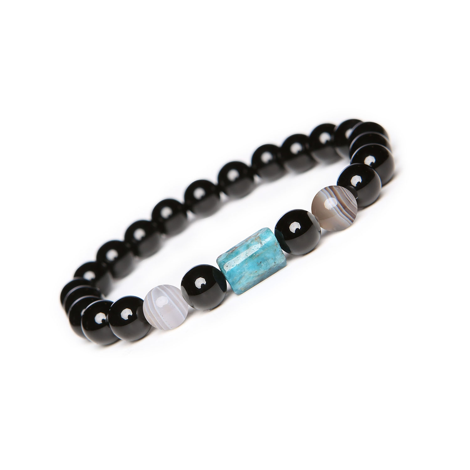 Elegancka bransoletka Laeri na gumce z Agatem Botswana i Apatytem, idealna dla kobiet i mężczyzn Bransoletka z kolekcji Laeri, kamień agatu z Botswany dla każdego.