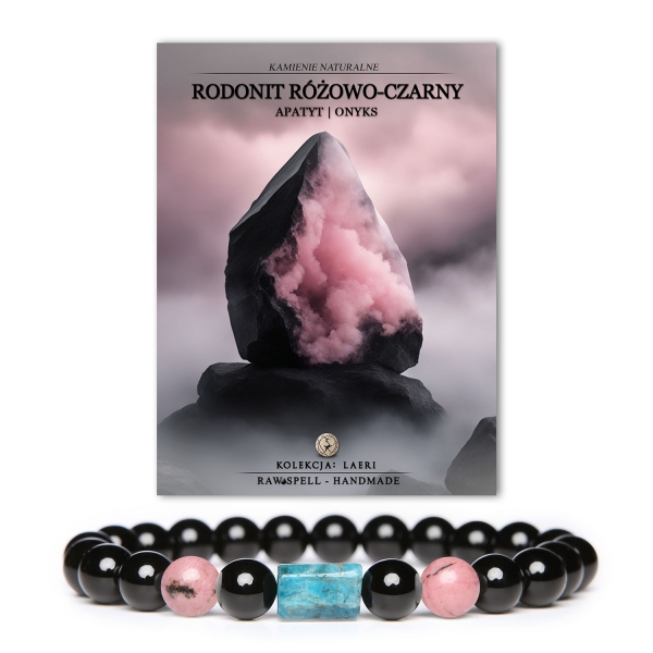 Bransoletka Laeri z naturalnymi kamieniami: rodonit różowo-czarny, apatyt i onyks, idealna dla kobiet i mężczyzn.