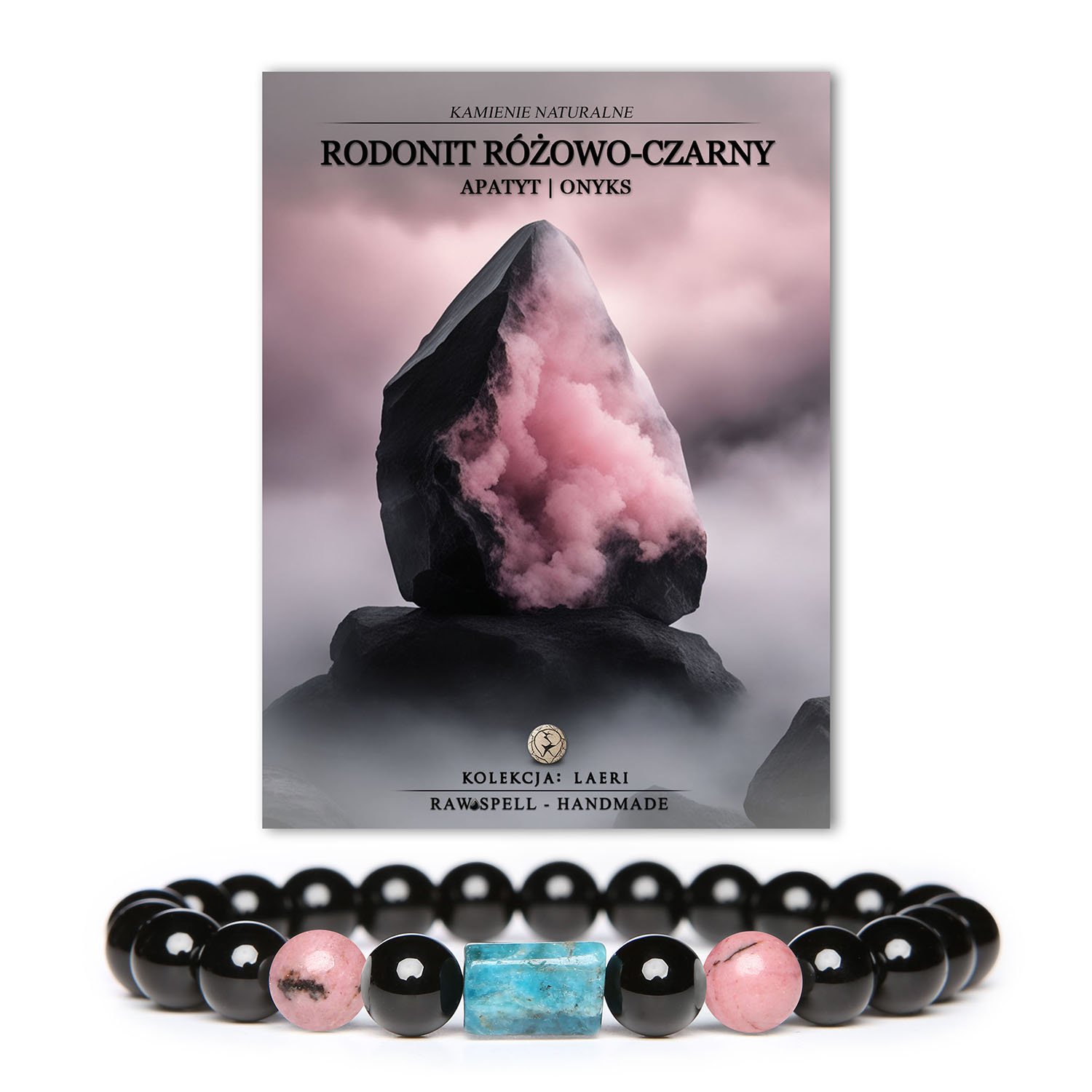 Bransoletka Laeri z naturalnymi kamieniami: rodonit różowo-czarny, apatyt i onyks, idealna dla kobiet i mężczyzn.