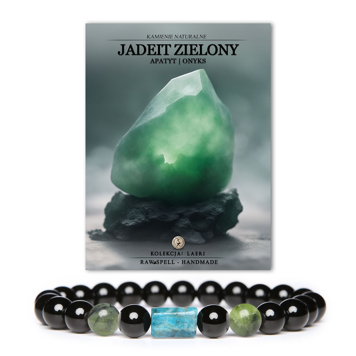 Stylowa bransoletka z kolekcji Laeri, wykonana z zielonego jadeitu, apatytu i onyksu, przeznaczona dla kobiet i mężczyzn.