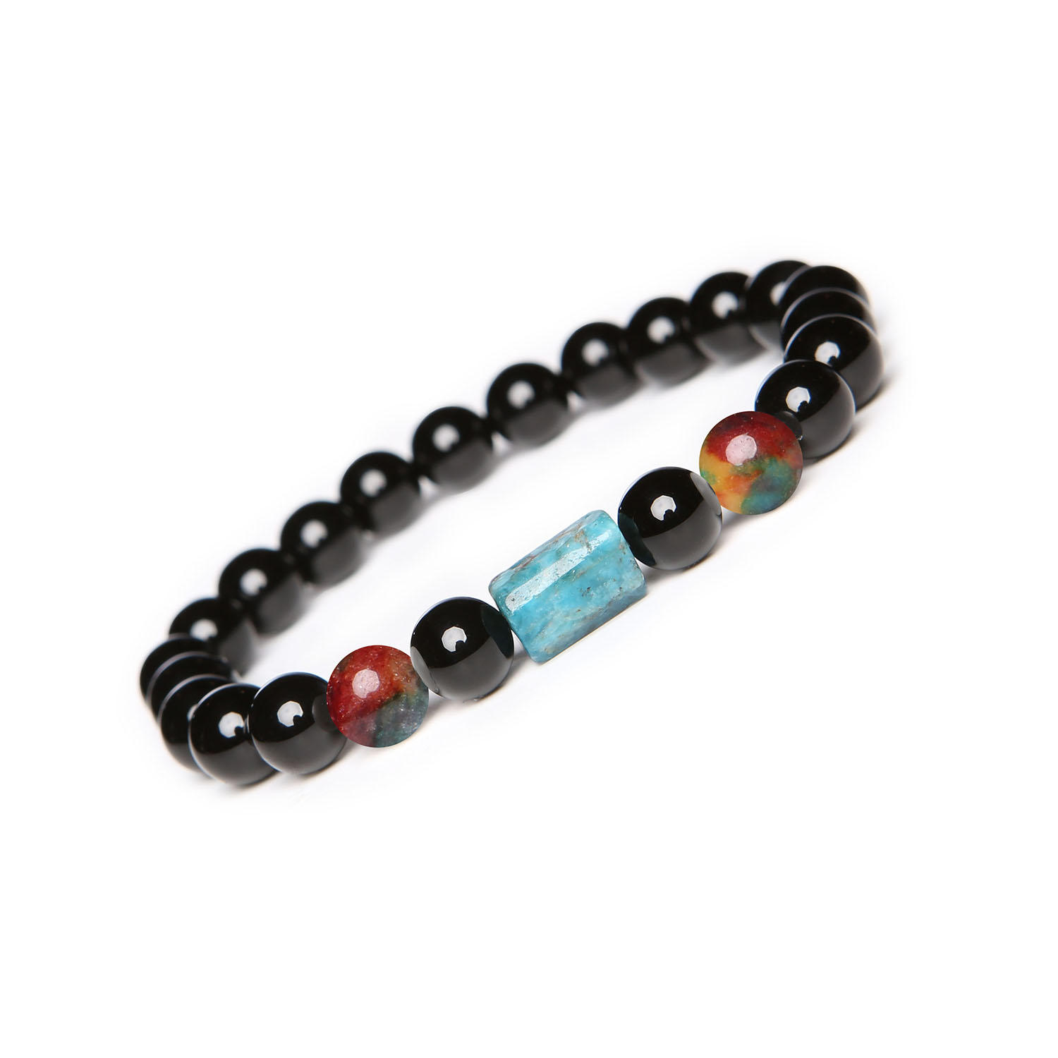 Elegancka bransoletka Laeri na gumce z kamieniami Agat, Apatyt i Onyks dla każdego Stylowa bransoletka Laeri z kamieniami naturalnymi – agat, apatyt i onyks, idealna dla obu płci