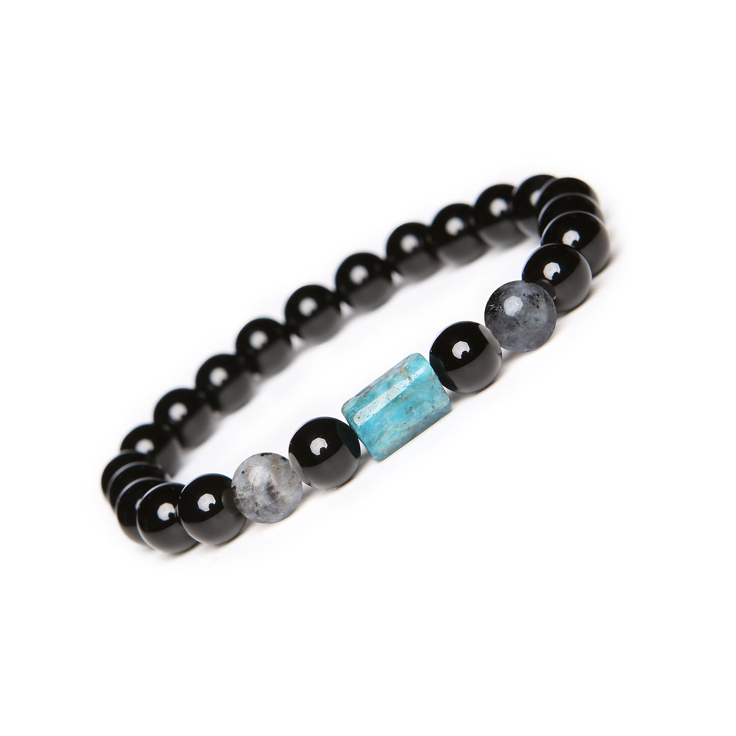 Elegancka bransoletka Laeri z gumką, Larvikitem, Apatytem i Onyksami – idealna dla każdej płci Stylowa bransoletka z kolekcji Laeri, zdobiona naturalnymi kamieniami larvikit, apatyt oraz onyks, uniwersalny dodatek dla każdego.