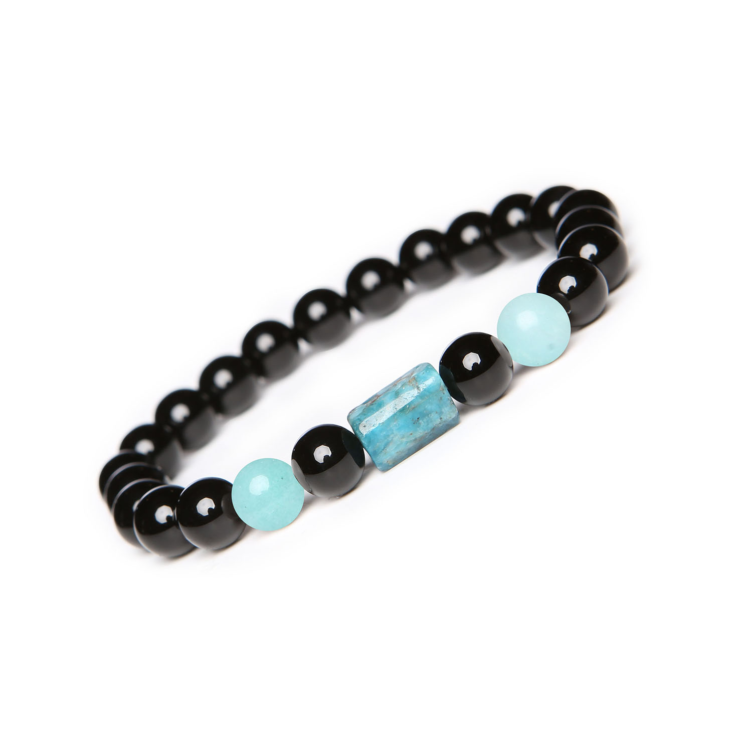 Elegancka bransoletka Laeri z gumką, ozdobiona amazonitem jasnym, apatytami i onyksami, idealna dla każdej osoby Bransoletka unisex z kolekcji Laeri, wykonana z naturalnych kamieni: jasnego amazonitu, apatytu i onyksu.