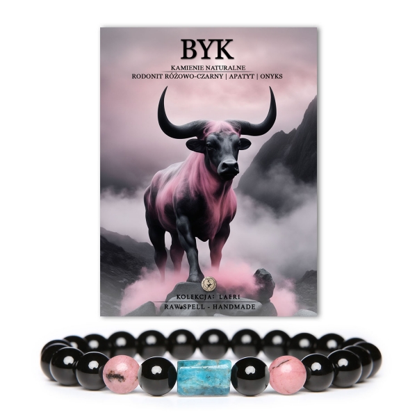 Bransoletka na gumce dla Byka – rodonit, apatyt, onyks. Elegancja i harmonia w jednym. Idealna zarówno dla mężczyzn, jak i kobiet.