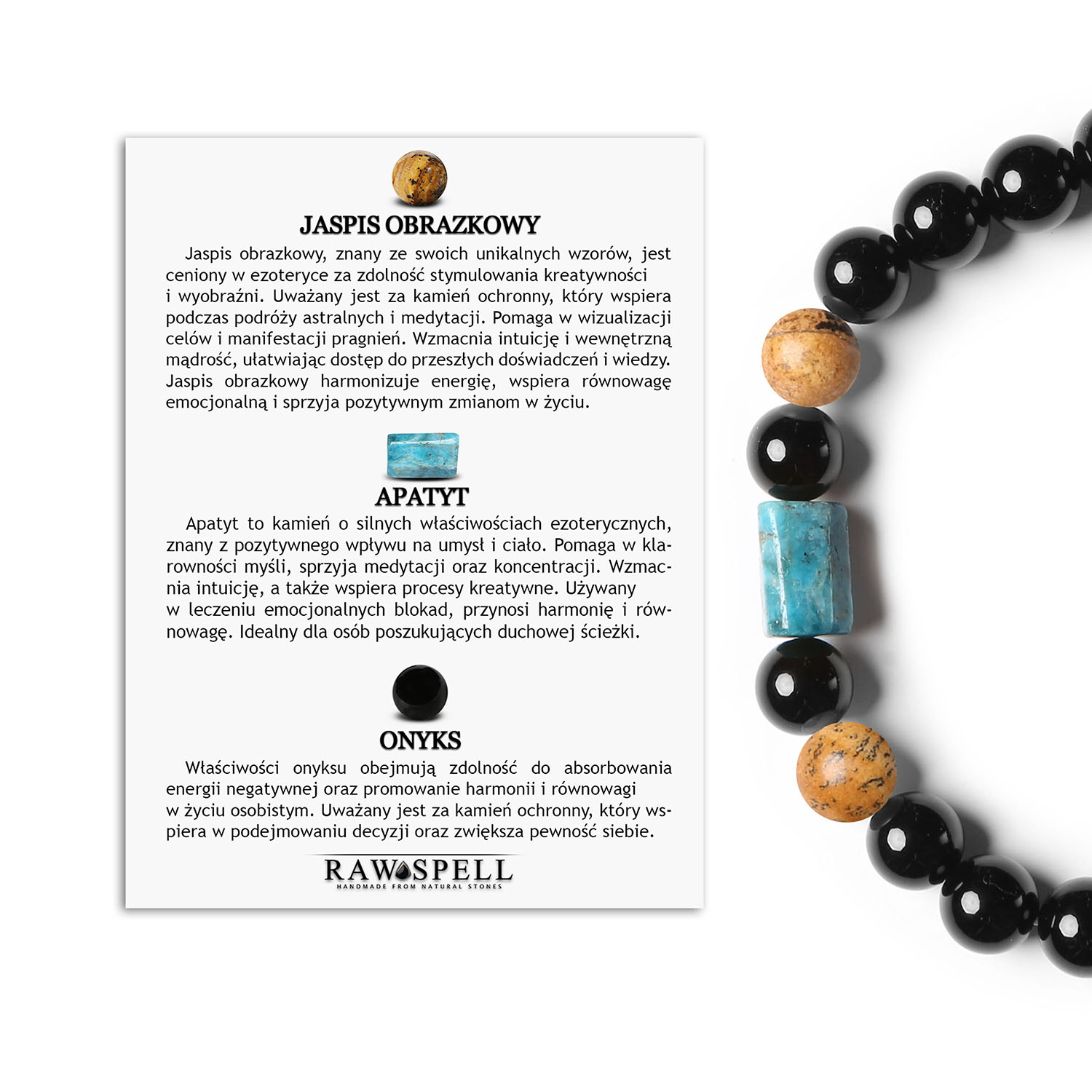 Elegancka bransoletka na gumce Laeri z jaspisem obrazkowym, apatytą i onyksu, dla każdego Stylowa bransoletka z kolekcji Laeri, zdobiona kamieniami naturalnymi: jaspis obrazkowy, apatyt i onyks, uniwersalna dla każdej płci.