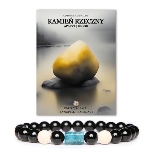 Stylowa bransoletka Laeri z naturalnych kamieni – Rzeczny Kamień, Apatyt oraz Onyks, uniwersalna dla obu płci.