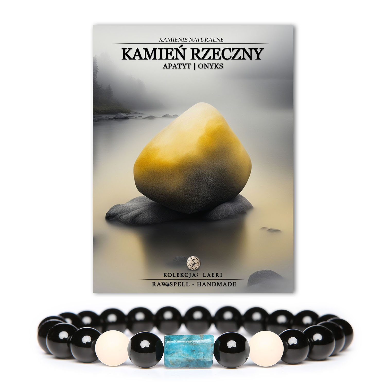 Stylowa bransoletka Laeri z naturalnych kamieni – Rzeczny Kamień, Apatyt oraz Onyks, uniwersalna dla obu płci.