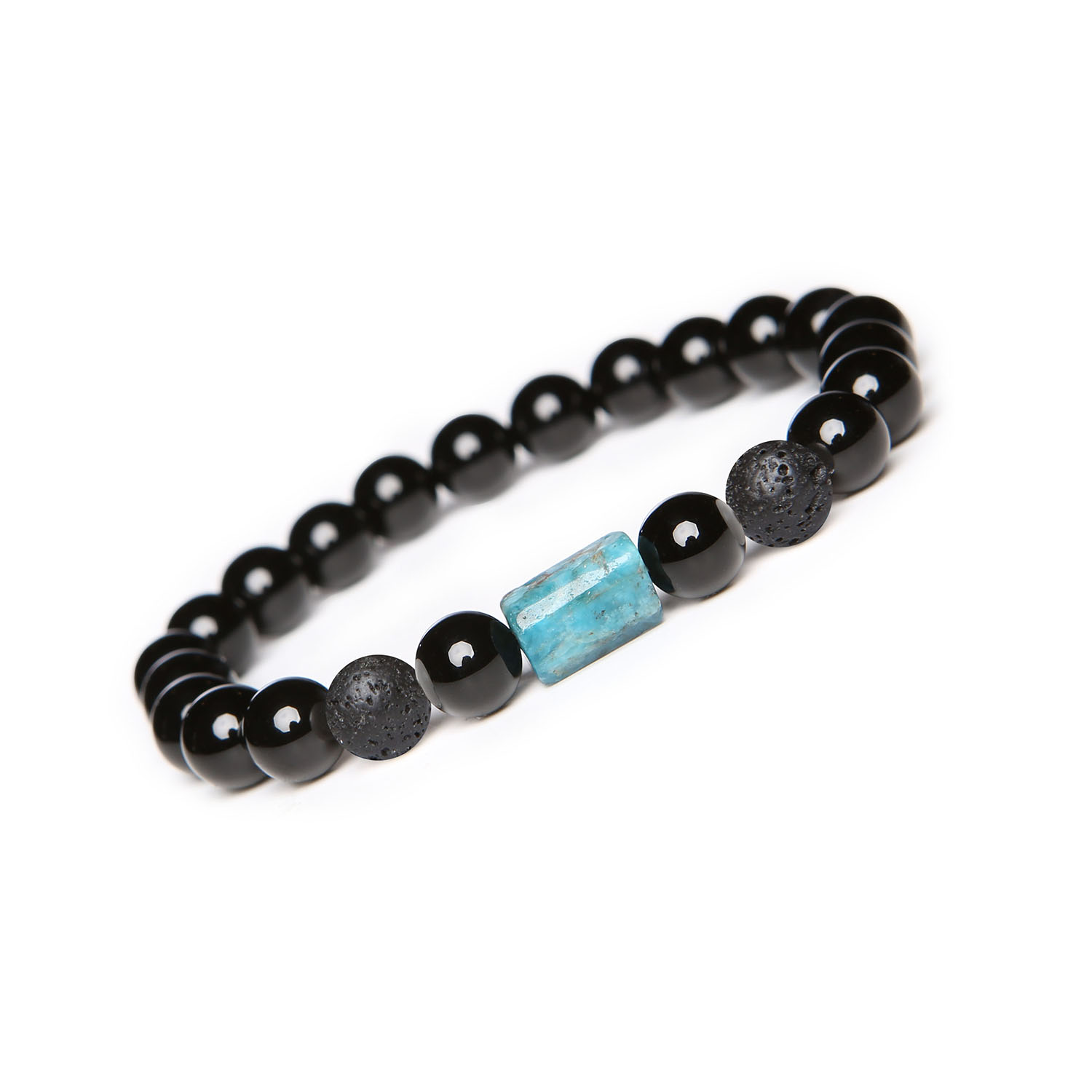 Elegancka bransoletka na gumce Laeri z lawa wulkaniczną, apatytu i onyksu, idealna dla kobiet i mężczyzn Elegancka bransoletka z kamieniami naturalnymi z kolekcji Laeri, zawierająca lawę wulkaniczną, apatyt oraz onyks, przeznaczona dla kobiet i mężczyzn.