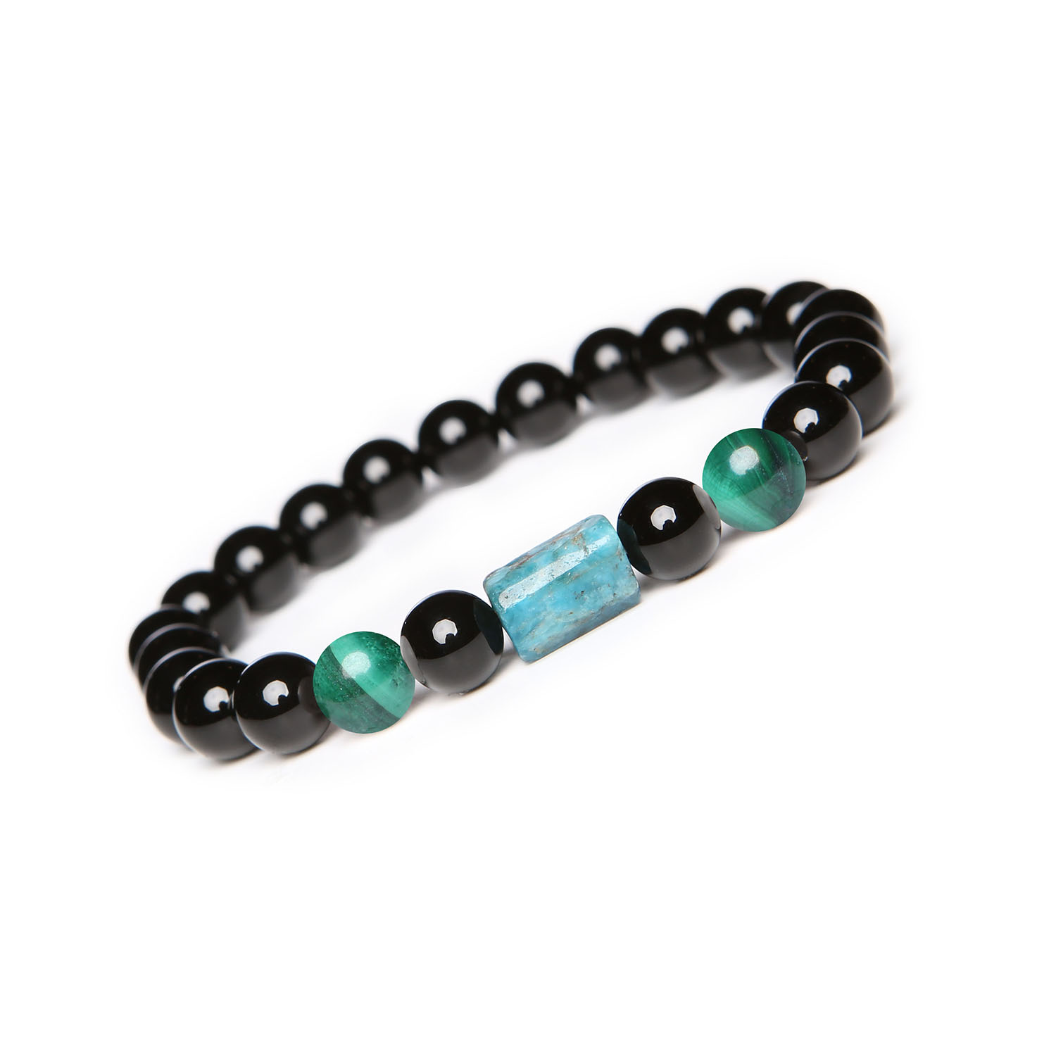 Elegancka bransoletka na gumce Laeri z malachitem, apatytami i onyksami, dla każdego Unikalna bransoletka z kolekcji Laeri, wykonana z naturalnych kamieni: malachitu, apatytu i onyksu, przeznaczona dla kobiet i mężczyzn.
